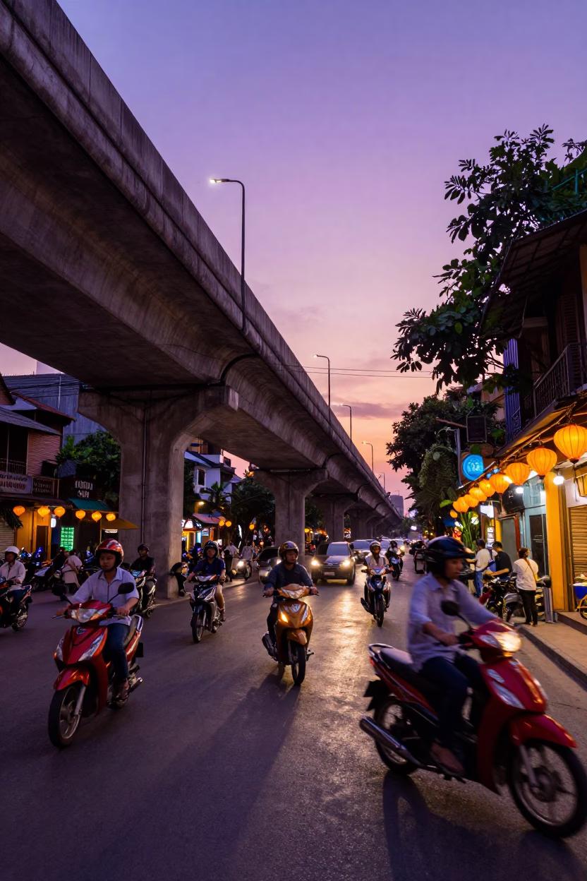 Hanoi Vietnam Sunset Street Scene with Orange Lanterns and Evening Traffic in in Hanoi, Vietnam