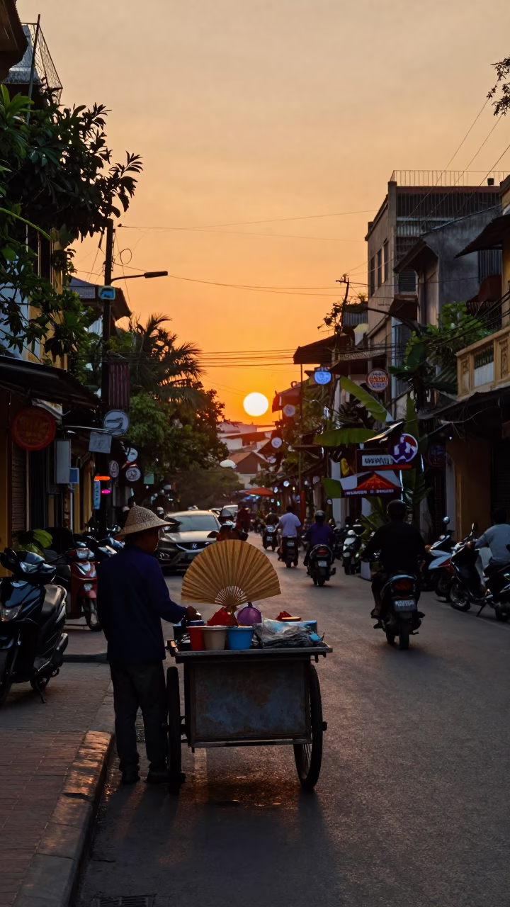 Hanoi Vietnam Sunset Street Scene with Paper Fan and Local Market Activity in in Hanoi, Vietnam