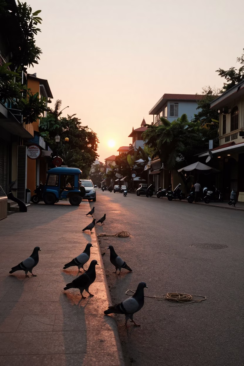 Hanoi Vietnam Sunset Street Scene with Pigeons and Twine in in Hanoi, Vietnam