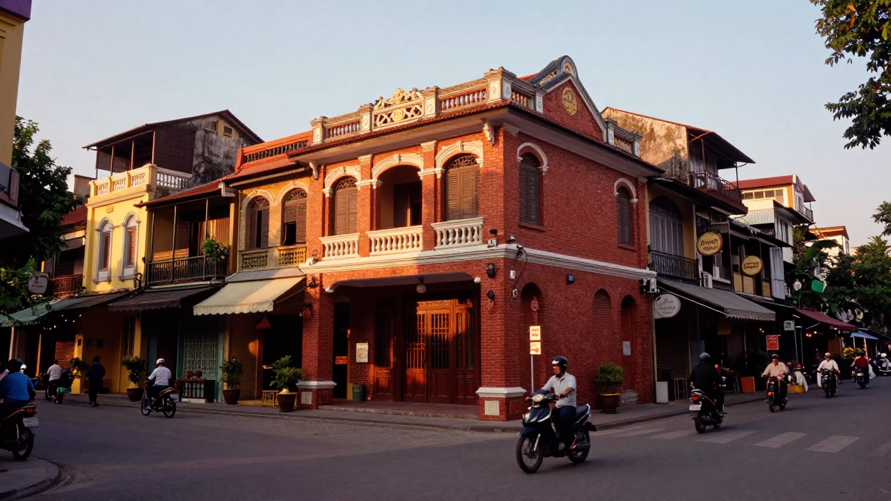 Hanoi Vietnam Sunset Street Scene with Rake Heads and Motorbike Traffic in in Hanoi, Vietnam