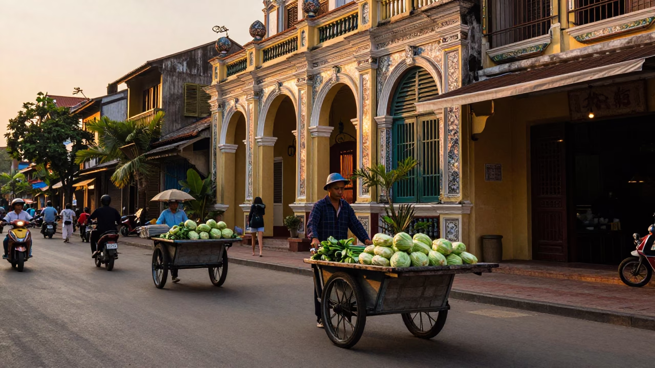Hanoi Vietnam Sunset Street Scene with Rolling Carts and Traditional Architecture in in Hanoi, Vietnam