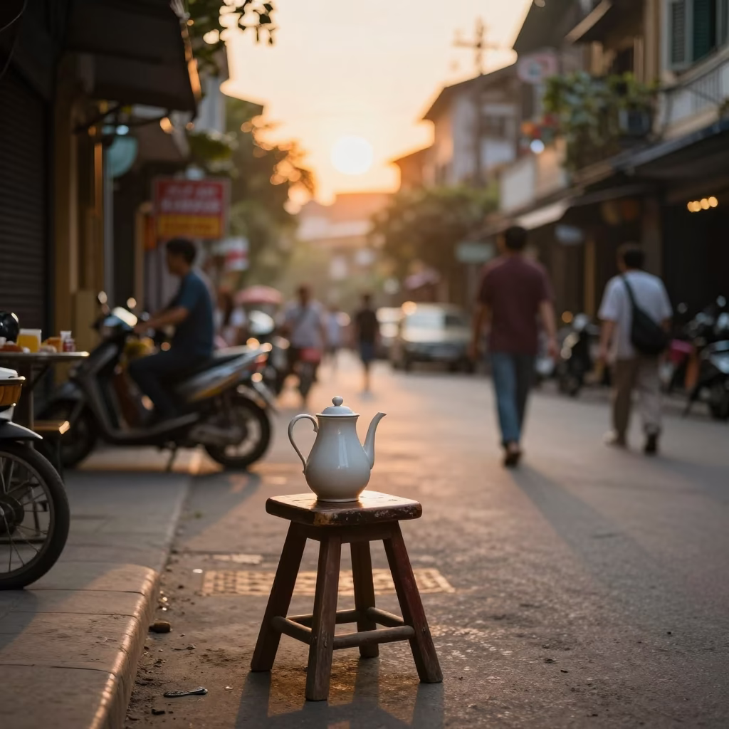 Hanoi Vietnam Sunset Street Scene with Traditional Stool and Pitcher in in Hanoi, Vietnam