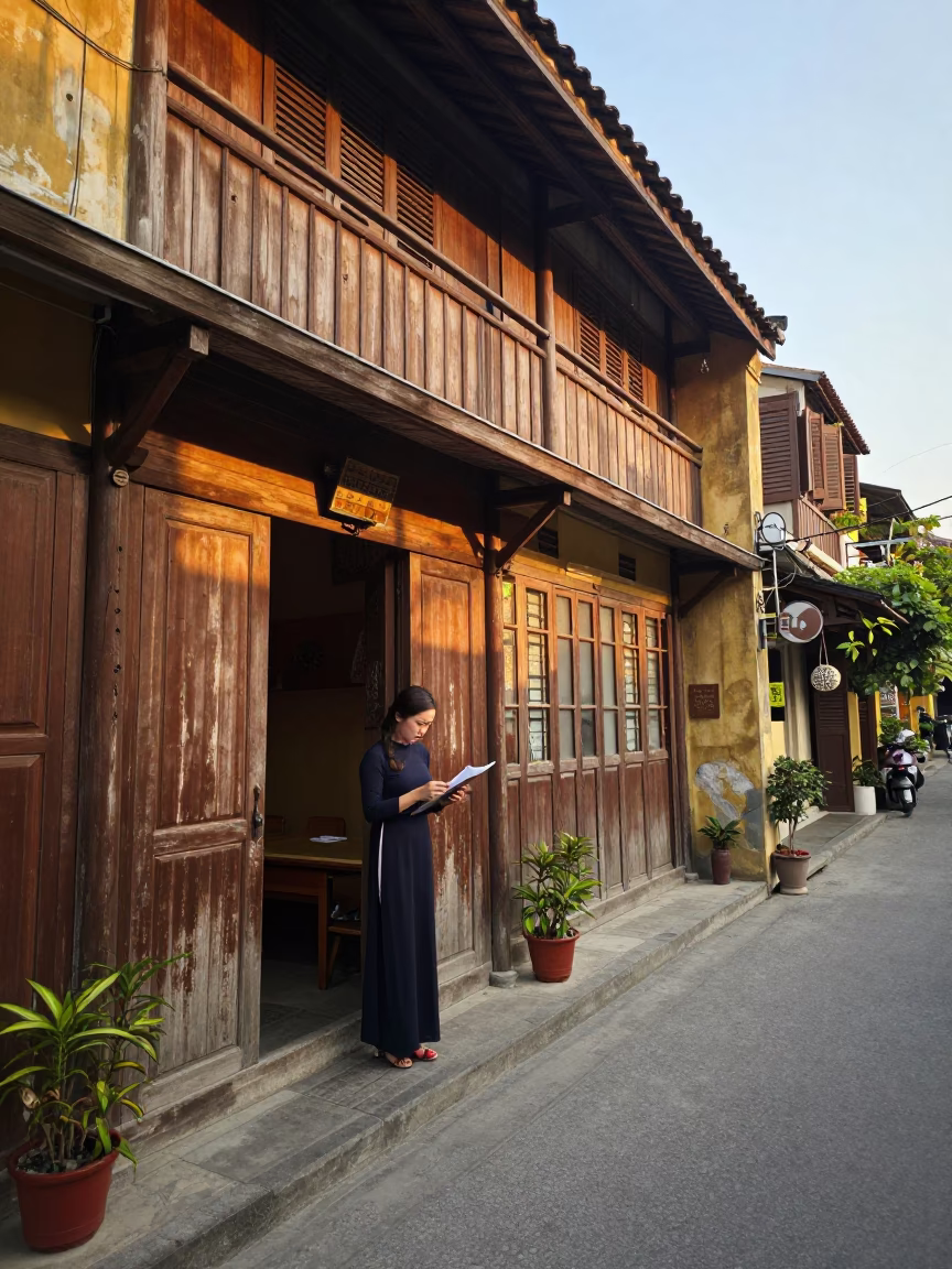 Hanoi Vietnam Sunset Street Scene with Traditional Wooden Architecture and Local Life in in Hanoi, Vietnam