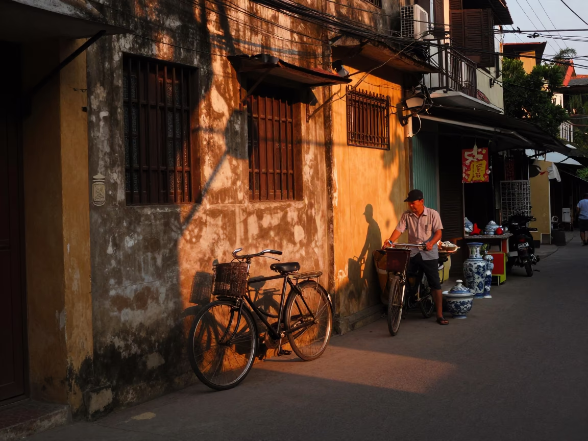 Hanoi Vietnam Sunset Street Scene with Vintage Bicycle and Porcelain Jar in in Hanoi, Vietnam
