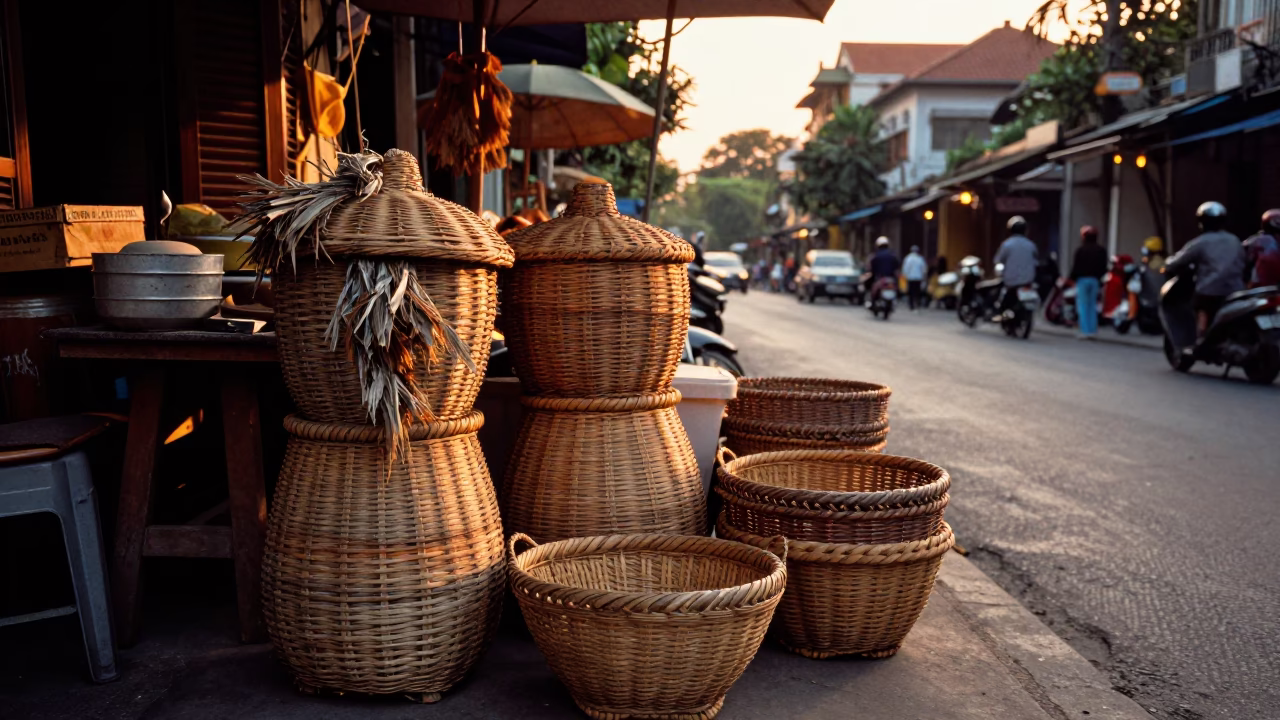 Hanoi Vietnam Sunset Street Scene with Weathered Wicker and Local Market Life in in Hanoi, Vietnam