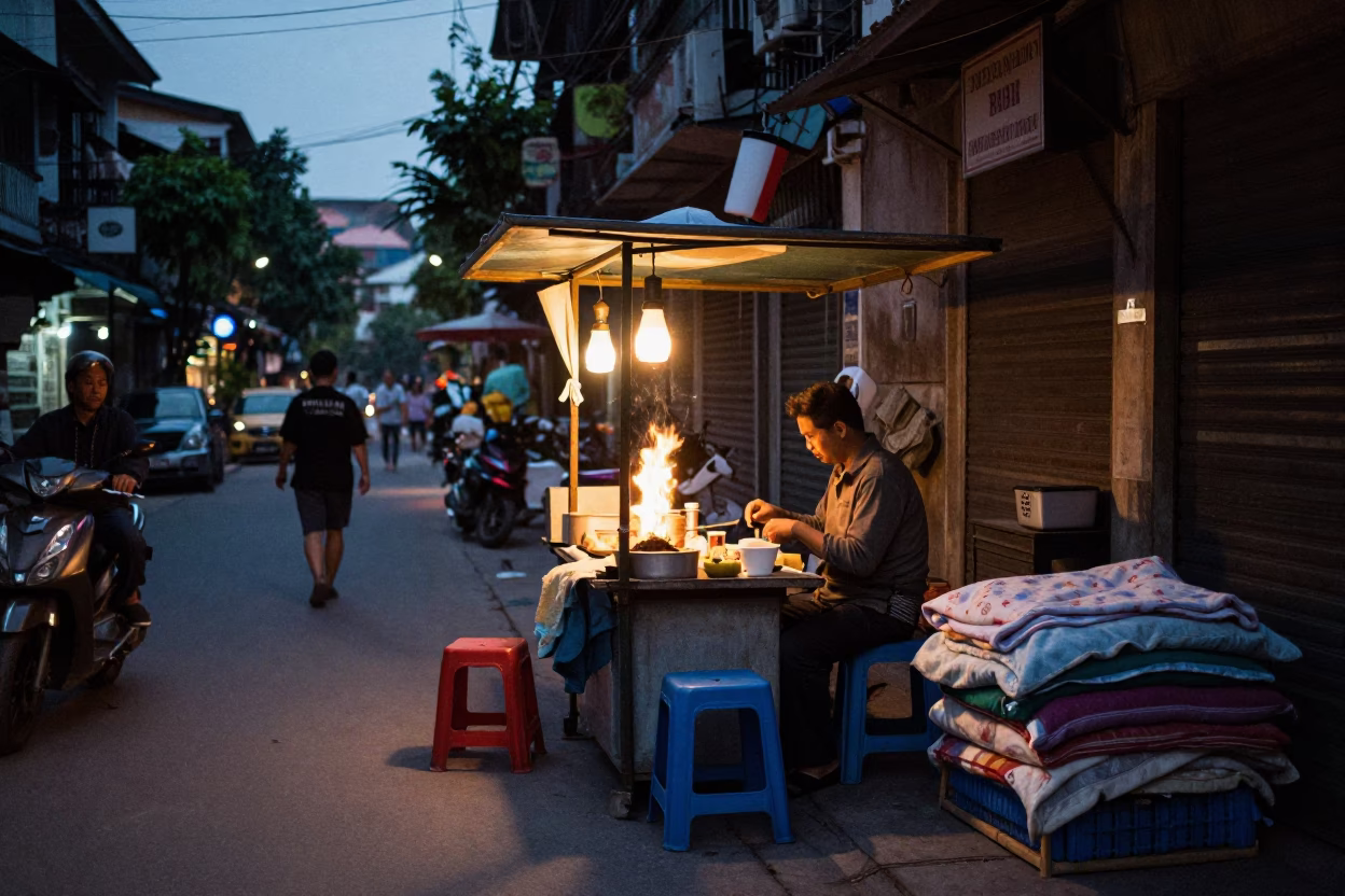 Hanoi Vietnam Twilight Street Scene with Hurricane Lamp and Blankets in in Hanoi, Vietnam