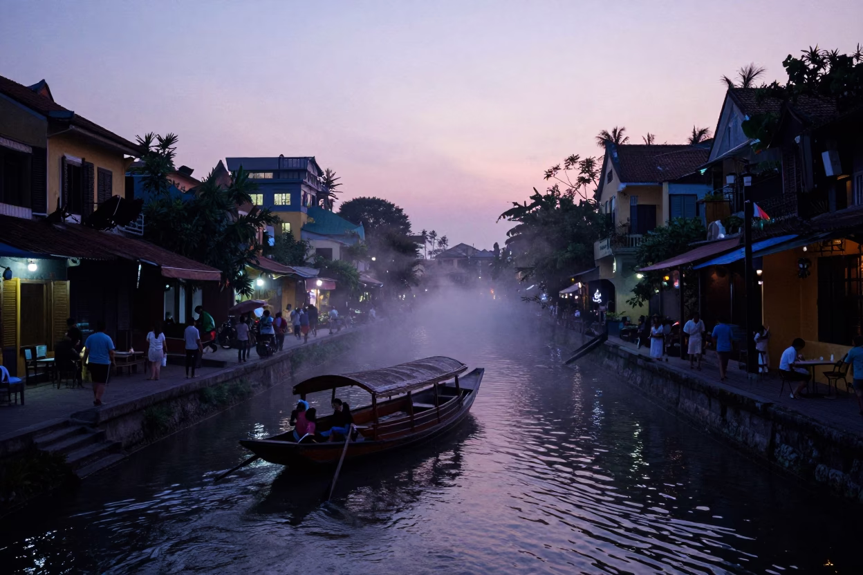 Hanoi Vietnam Twilight Street Scene with Sampan on Misty River and Old Quarter in in Hanoi, Vietnam