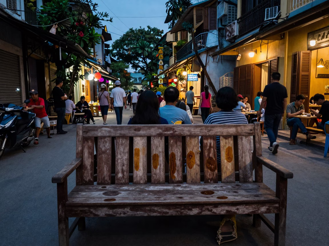 Hanoi Vietnam Twilight Street Scene with Traditional Tea Stains and Local Life in in Hanoi, Vietnam