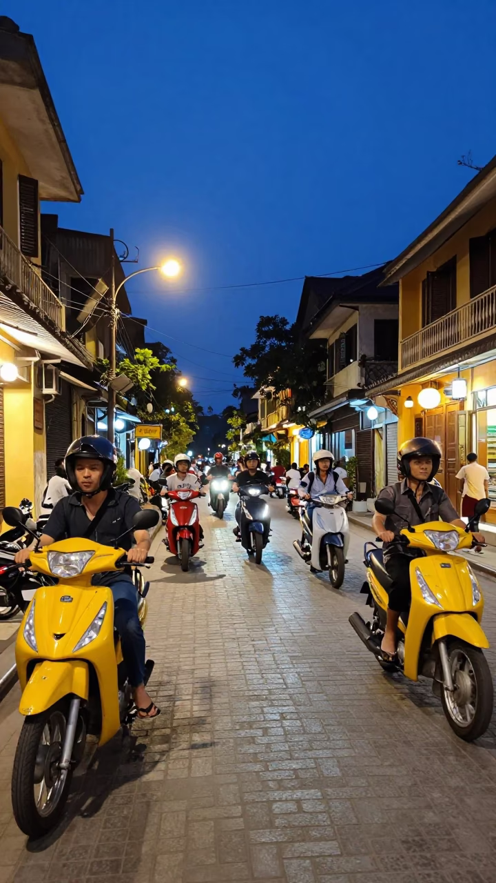 Hanoi Vietnam Twilight Street Scene with Yellow Motorbikes and Old Quarter Architecture in in Hanoi, Vietnam