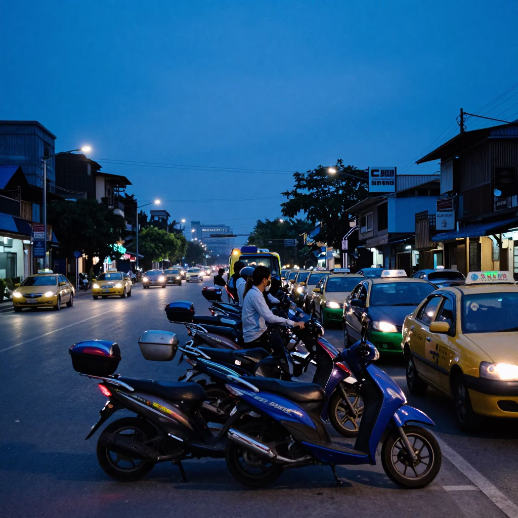 Hanoi Vietnam Twilight Taxi Rank Outside Train Station with Calm Street Life in in Hanoi, Vietnam