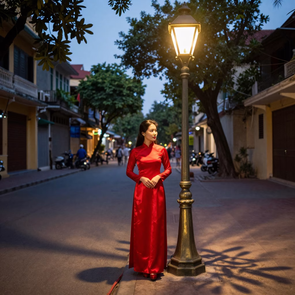 Hanoi Vietnamese Woman at The Early Evening Light in in Hanoi, Vietnam