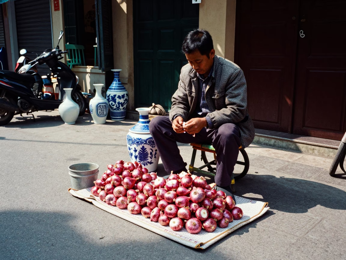 Hanoi Winter Noon Street Vendor Preparing Onions Near Ceramic Tile Shop in in Hanoi, Vietnam
