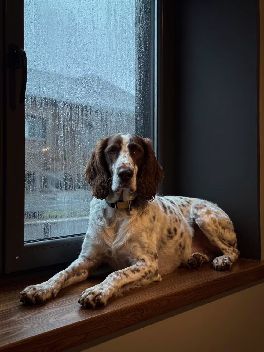 Hanoverian Scenthound on Window Seat at Midnight in on a window seat in a quiet apartment with soft side light in Victoria Seychelles
