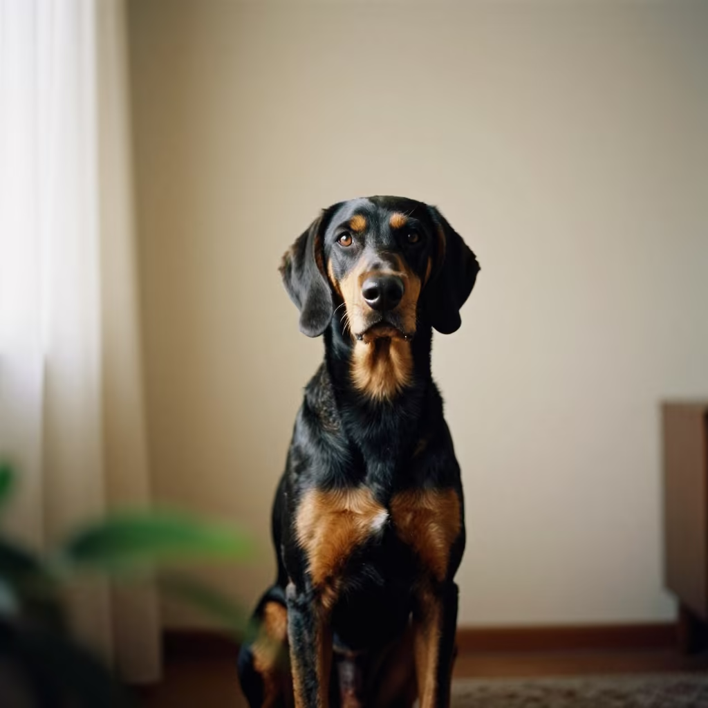 Hanoverian Scenthound Portrait in Bamako Room in beside a plain plaster wall in soft indoor light with the animal centered in frame in Bamako