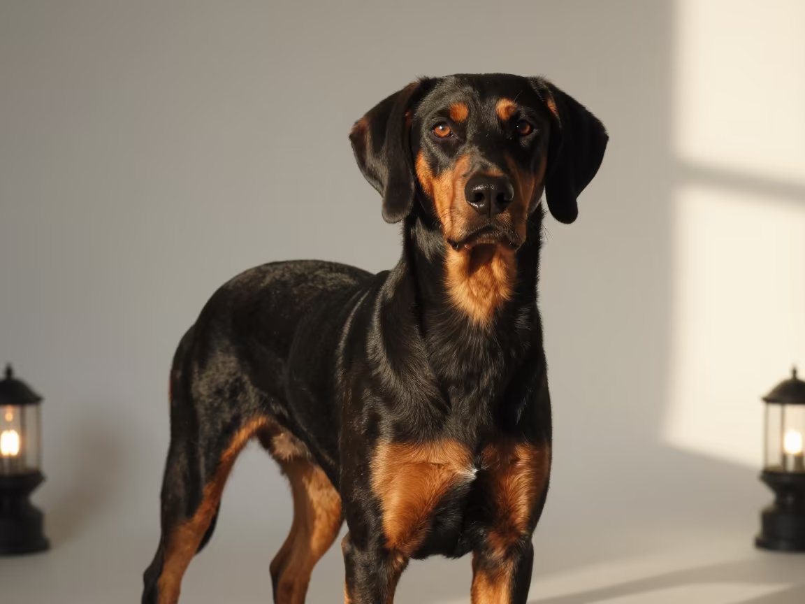 Hanoverian Scenthound Portrait in Chandigarh Studio in in a quiet portrait studio with a plain backdrop and eye-level framing in Chandigarh