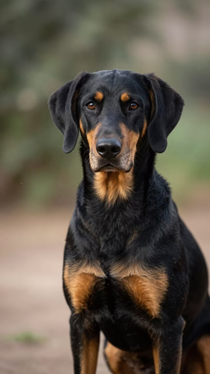Hanoverian Scenthound Portrait in Oujda Garden in near a garden edge with soft morning light and an uncluttered background in Oujda