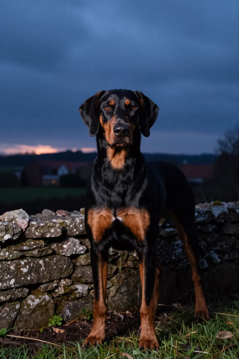 Hanoverian Scenthound Portrait in Tyre Twilight in near a garden edge with soft morning light and an uncluttered background in Tyre