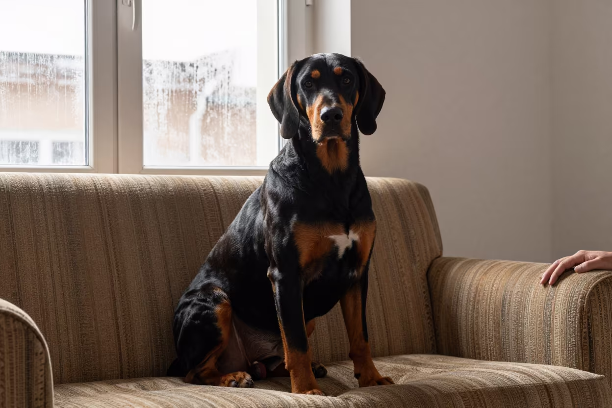 Hanoverian Scenthound Portrait Near Tehran Window in on a sofa near a curtained window with calm indoor light in Tehran