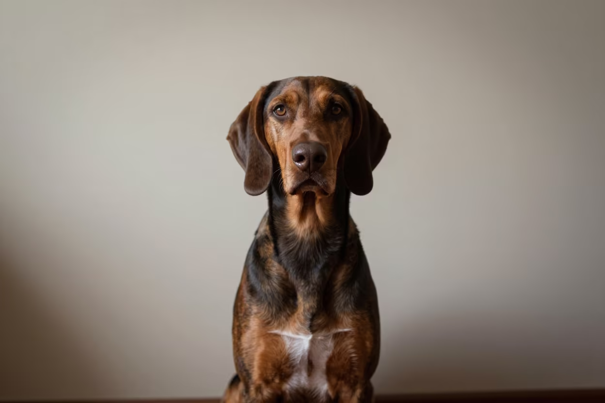 Hanoverian Scenthound Portrait Shenzhen Indoor in beside a plain plaster wall in soft indoor light with the animal centered in frame in Shenzhen