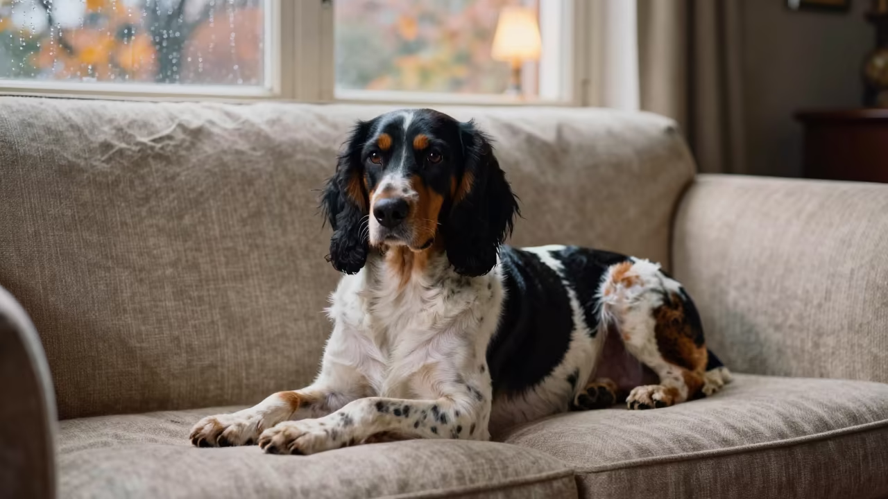 Hanoverian Scenthound Resting on Linen Sofa in on a linen sofa with daylight from a nearby window near Liulichang, Beijing