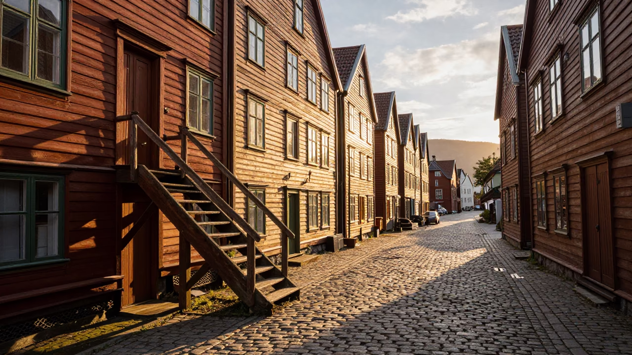 Hanseatic Warehouses in Bergen at Golden Hour in in Bergen, Norway
