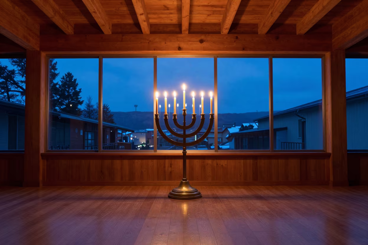 Hanukkah Menorah in Sapporo Synagogue Window in inside a timber synagogue hall in Sapporo