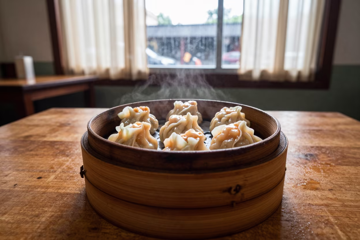 Har Gow in Bamboo Steamer at Colombo Diner in at a roadside diner table in Colombo