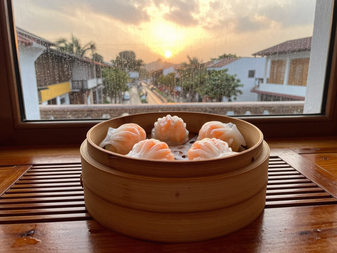 Har Gow in Bamboo Steamer on Tea Tray in on a tea house tray in Cartagena