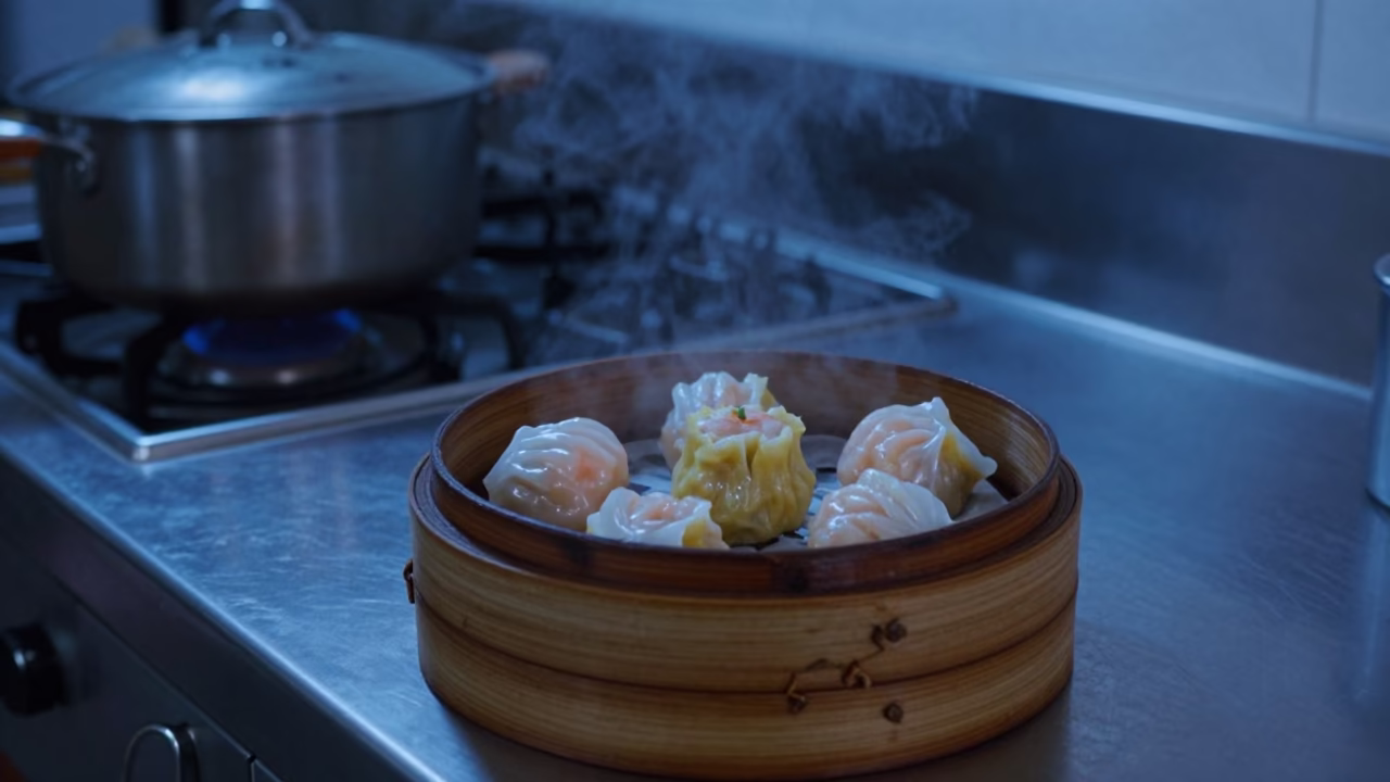 Har Gow and Siu Mai in Bamboo Steamer Jakarta in on a kitchen worktop in Jakarta