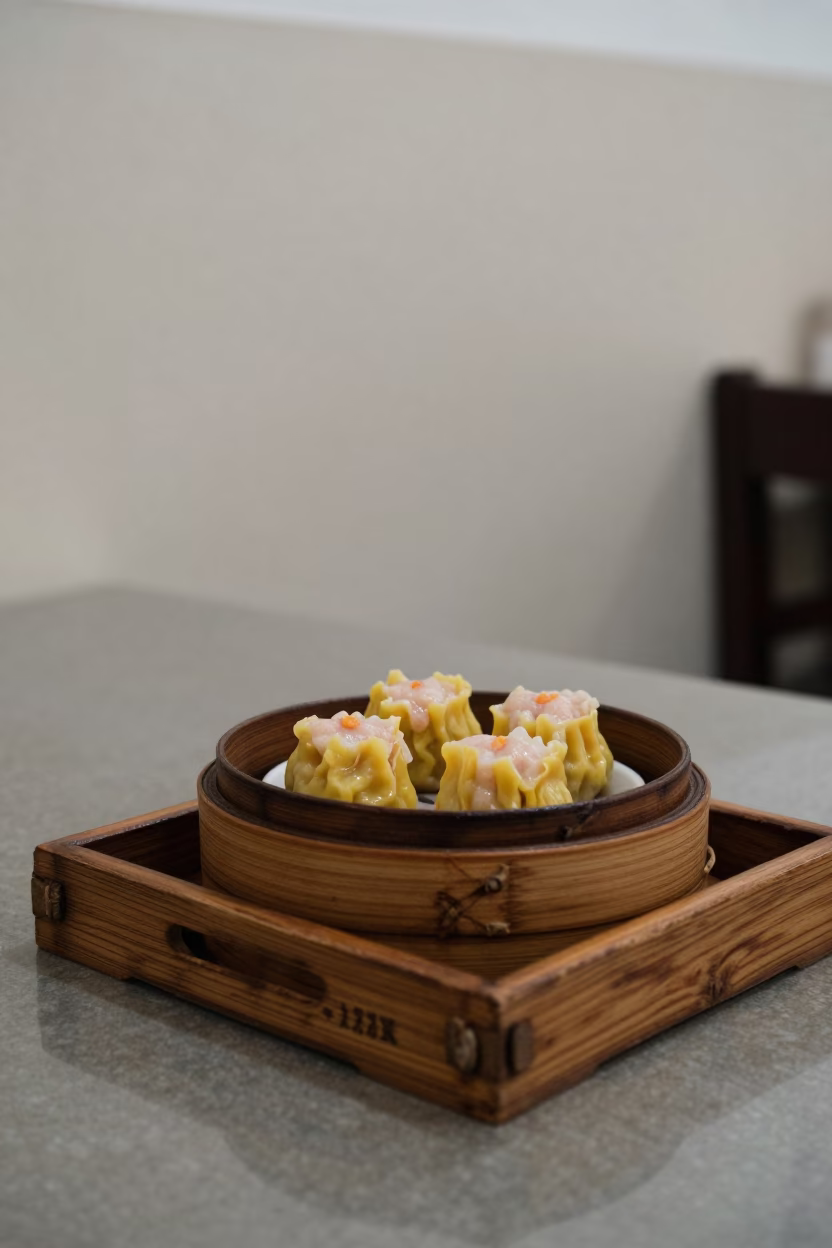 Har Gow and Siu Mai Bamboo Steamer in on a tea house tray in Thu Thiem, Ho Chi Minh City