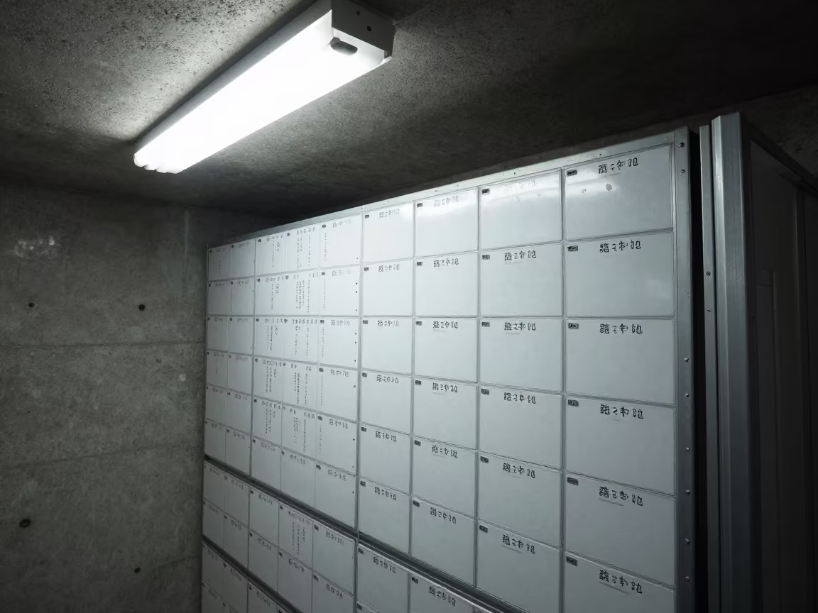 Harajuku Dispatch Wash Tag Board Night Logistics in inside a chilled distribution bay in Harajuku, Tokyo