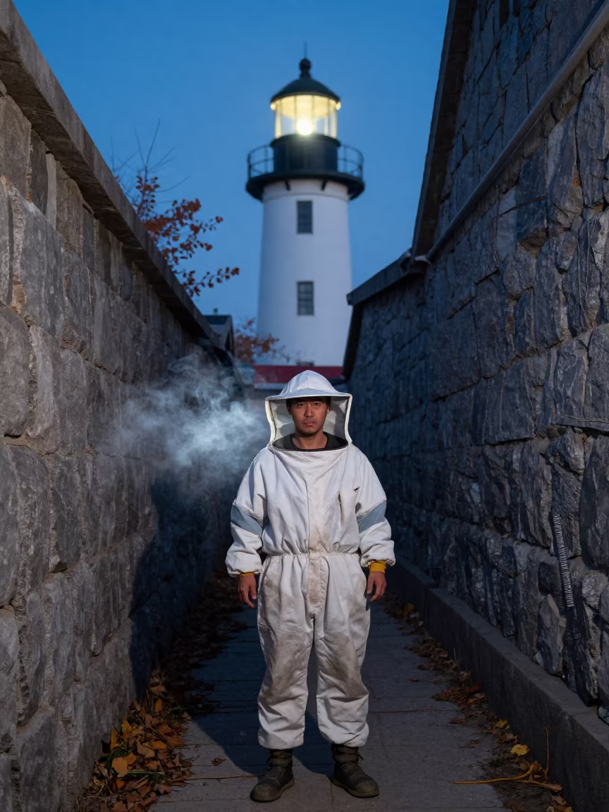 Harbin Beekeeper in Predawn Alley with Smoke in in a narrow stone alley near Harbin