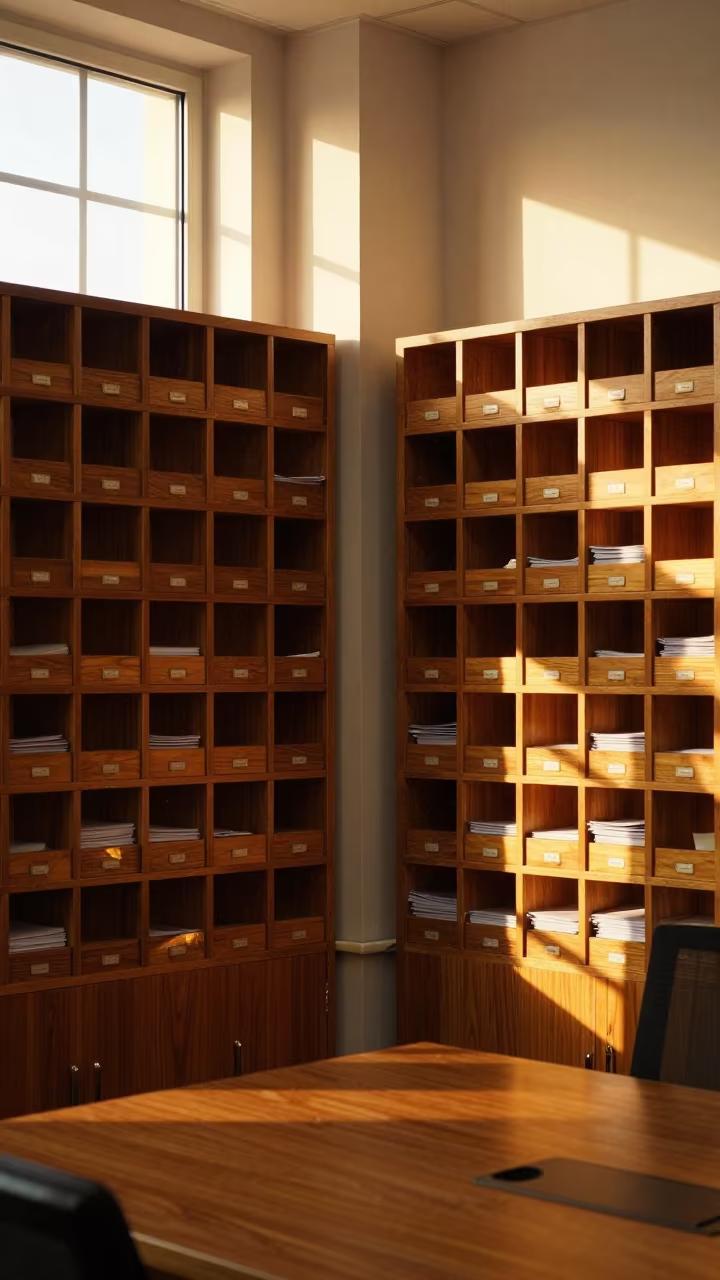 Harbin Boardroom Mail Cubbies Golden Hour in at a boardroom table before a meeting in Harbin