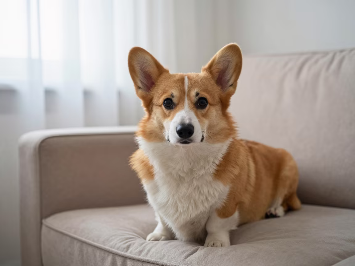 Harbin Corgi Portrait on Sofa Near Window in on a sofa near a curtained window with calm indoor light in Harbin