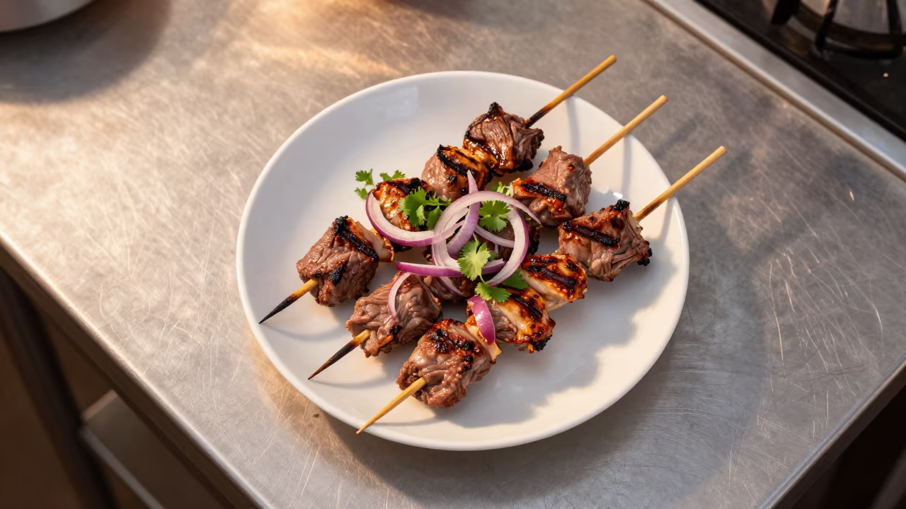Harbin Kitchen Sunset Anticuchos Skewers Plate in on a kitchen worktop in Harbin