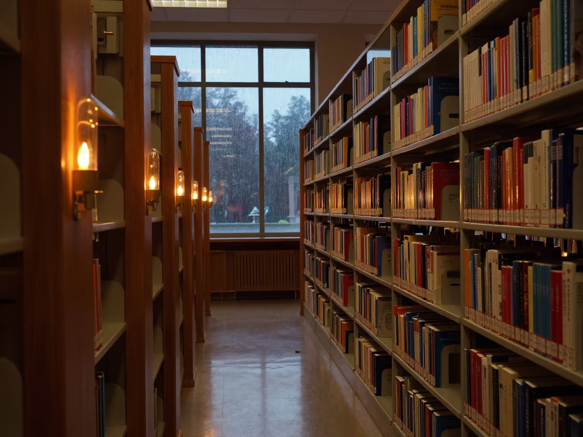 Harbin Library Aisle Candlelit in Predawn in inside a campus library reading room in Harbin