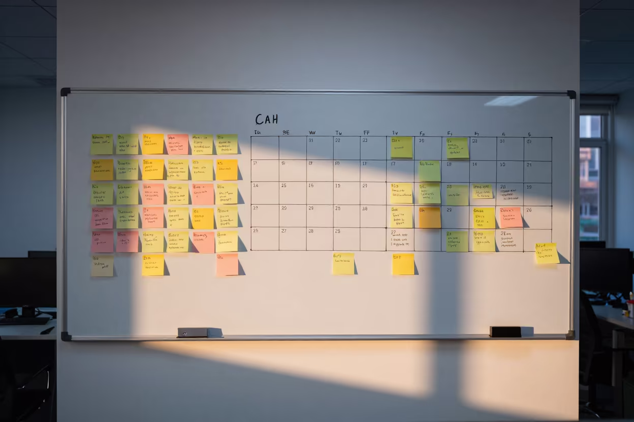 Harbin Office Whiteboard with Sticky Notes in inside an open-plan office bay in Harbin