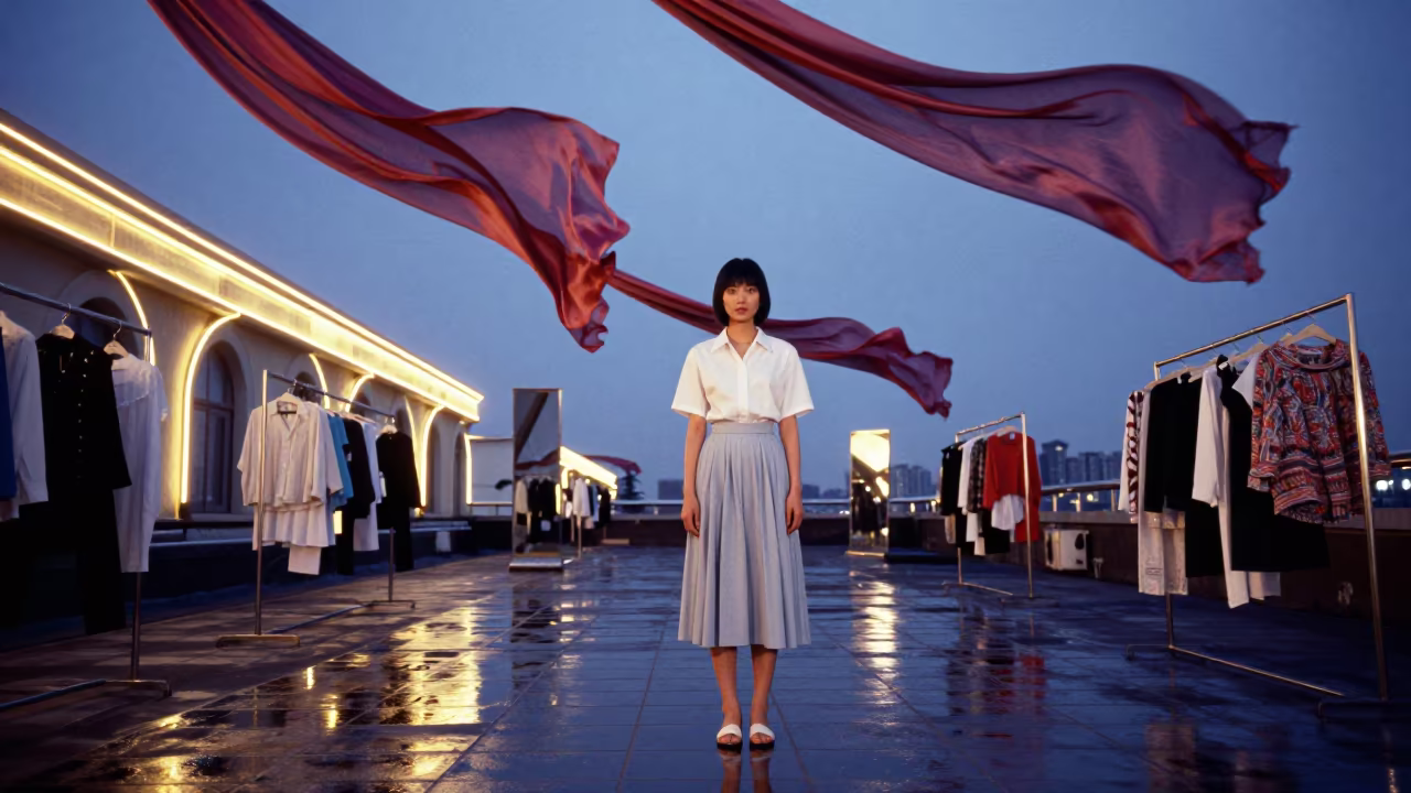 Harbin Rooftop Fashion Model Silk Panels Neon in along a neon-lit arcade near Harbin
