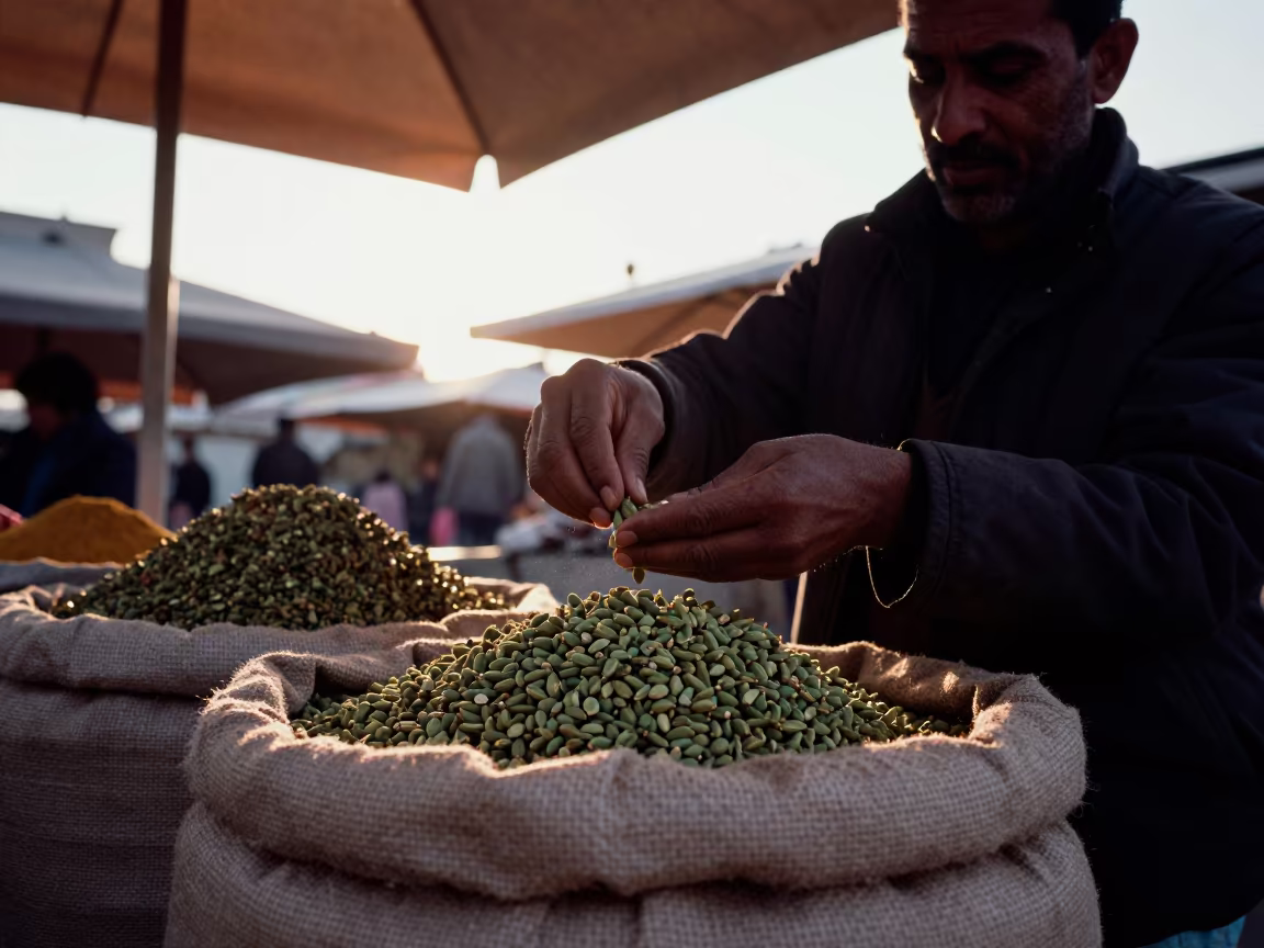 Harbin Spice Merchant Scoops Cardamom in Dusk in under a market canopy in Harbin