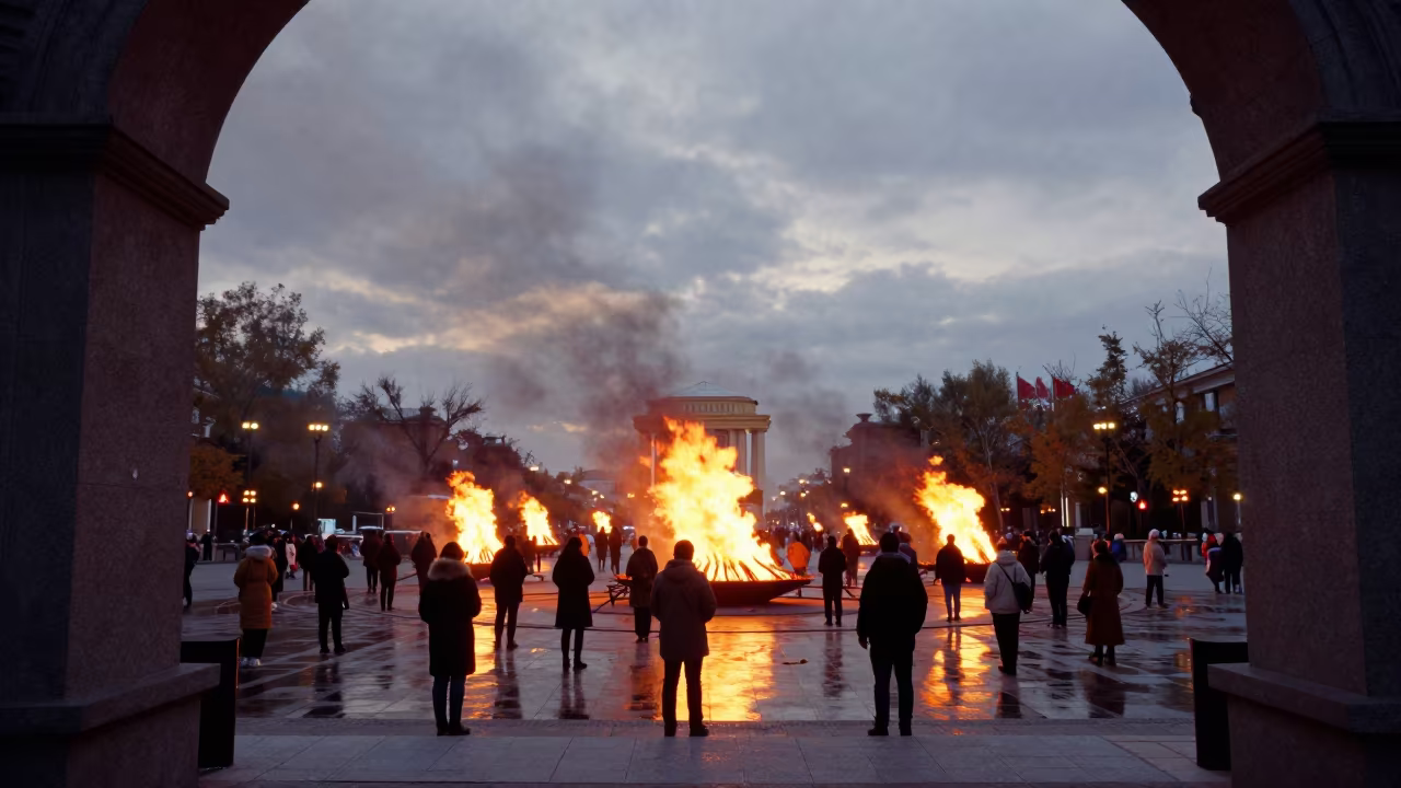 Harbin Square Samhain Fire Twilight Water Reflection in at a public square during a festival in Harbin