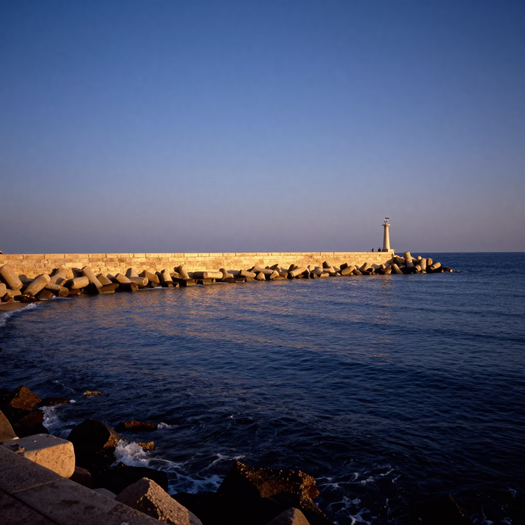 Harbor Breakwater in Alexandria at Honeyed Evening Light in in Alexandria, Egypt