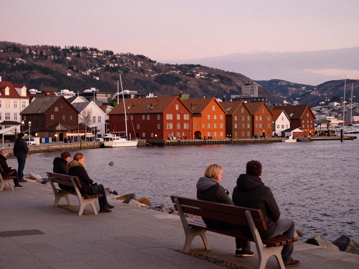 Harbor Breakwater in Bergen at Copper-toned Light Before Dusk in in Bergen, Norway
