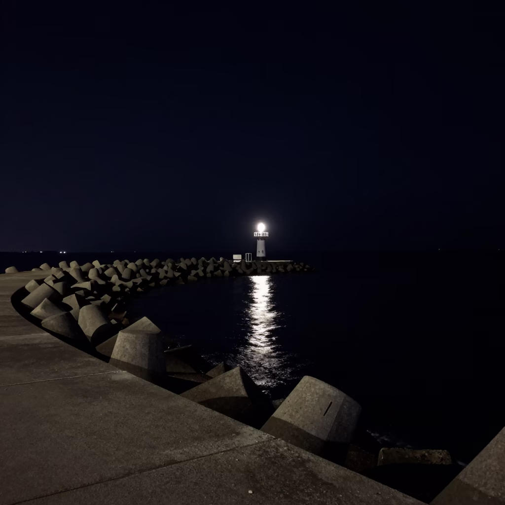 Harbor Breakwater in Boston at Deep In The Night Light in in Boston, Massachusetts, United States