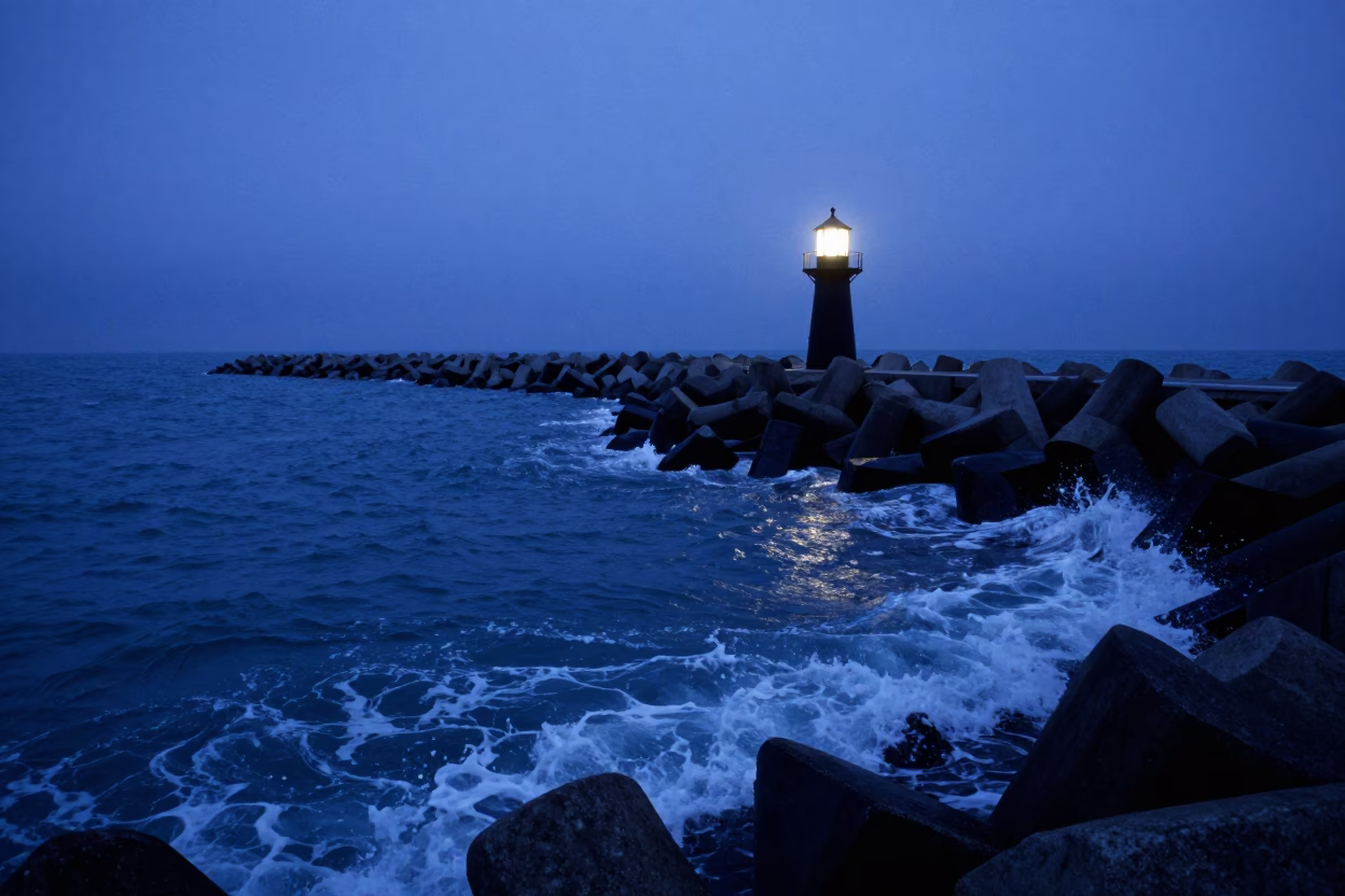 Harbor Breakwater in Chicago at Nautical Dawn Light in in Chicago, Illinois, United States