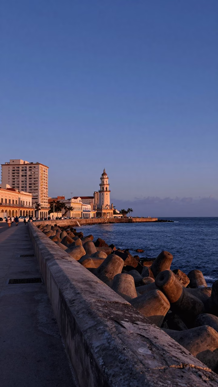 Harbor Breakwater in Havana at As First Light Reaches The Scene in in Havana, Cuba