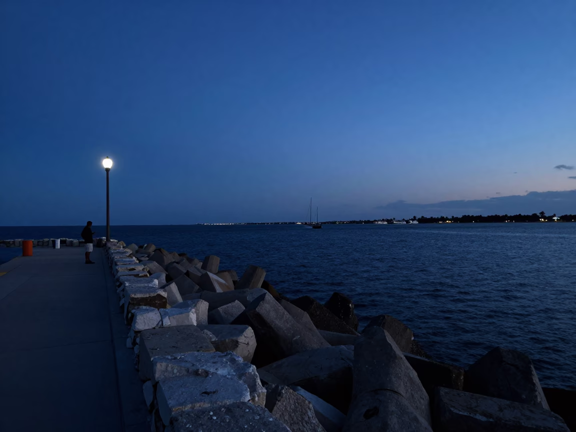 Harbor Breakwater in Naples at The Predawn Darkness Light in in Naples, Italy