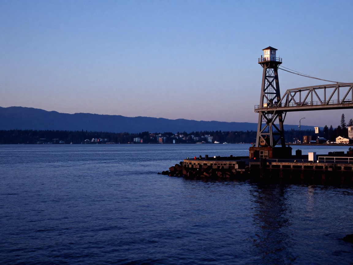 Harbor Breakwater in Vancouver at Nautical Dawn Light in in Vancouver, British Columbia, Canada