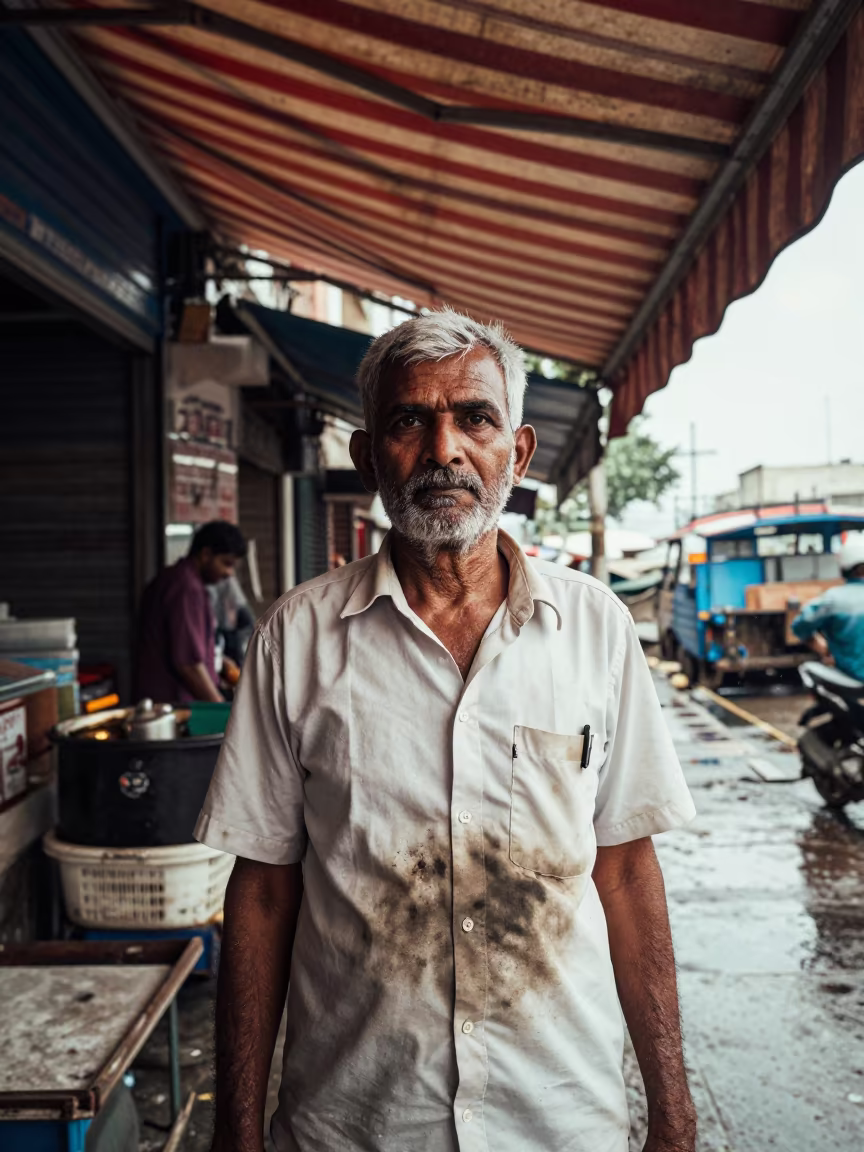 Harbor Captain Under Kala Ghoda Awning in Rain in under a striped market awning near Kala Ghoda, Mumbai