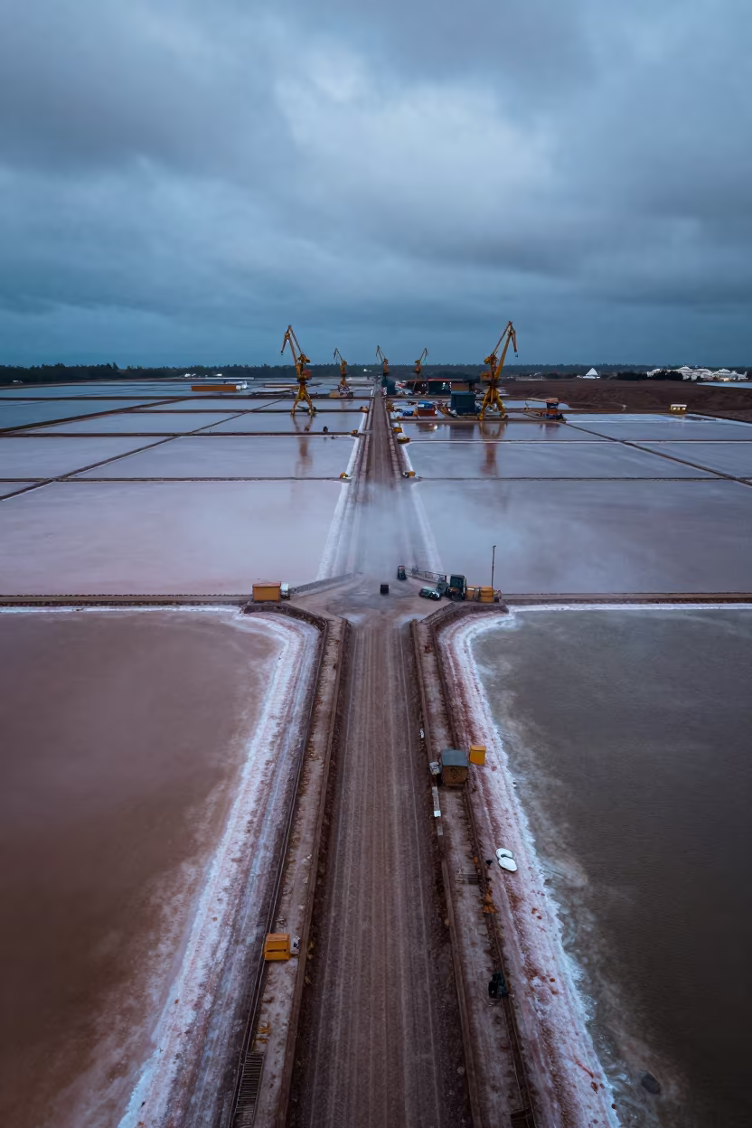 Harbor Cranes Over Chilean Salt Ponds in high over salt ponds and causeways in Chile