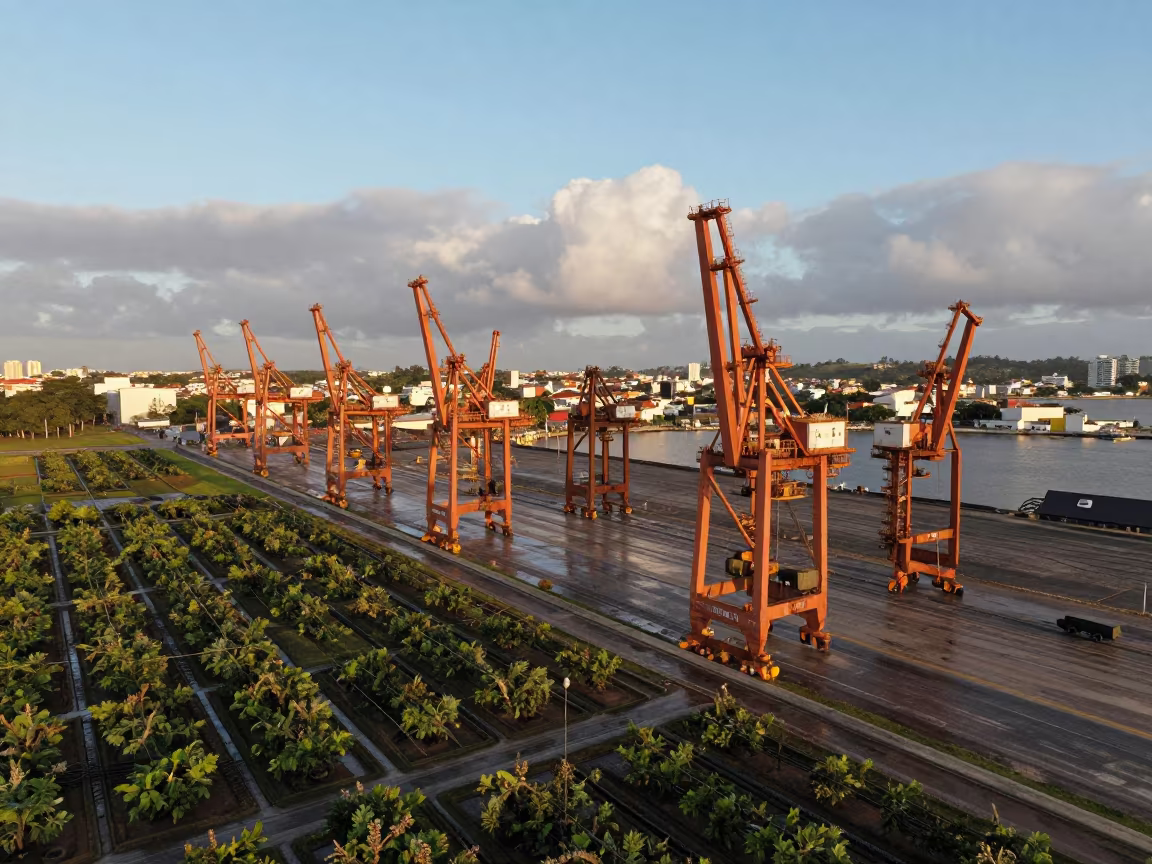 Harbor Cranes Over Salvador Orchards in far above orchard blocks and irrigation lines near Salvador